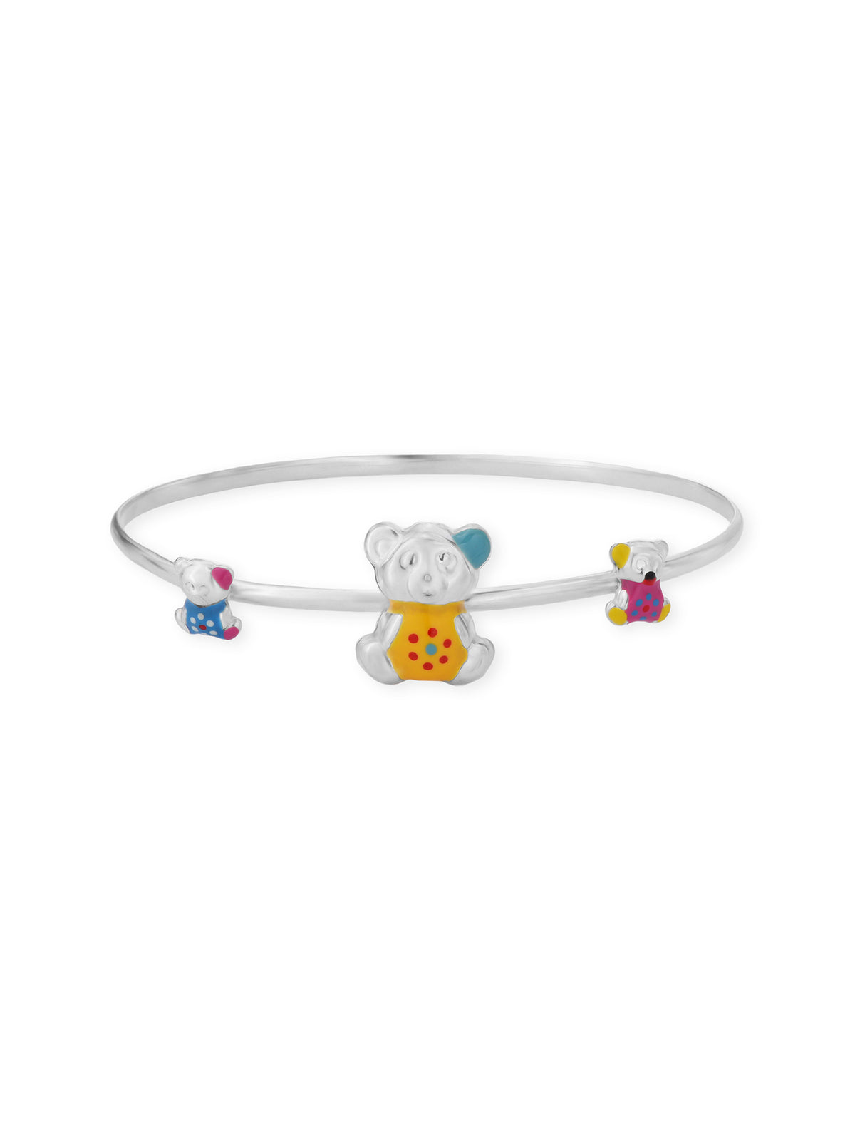 Detailed close up of SIJA 925 Silver Triple Teddy Girls Cuff Bracelet showing three teddy charms and handcrafted silver cuff design