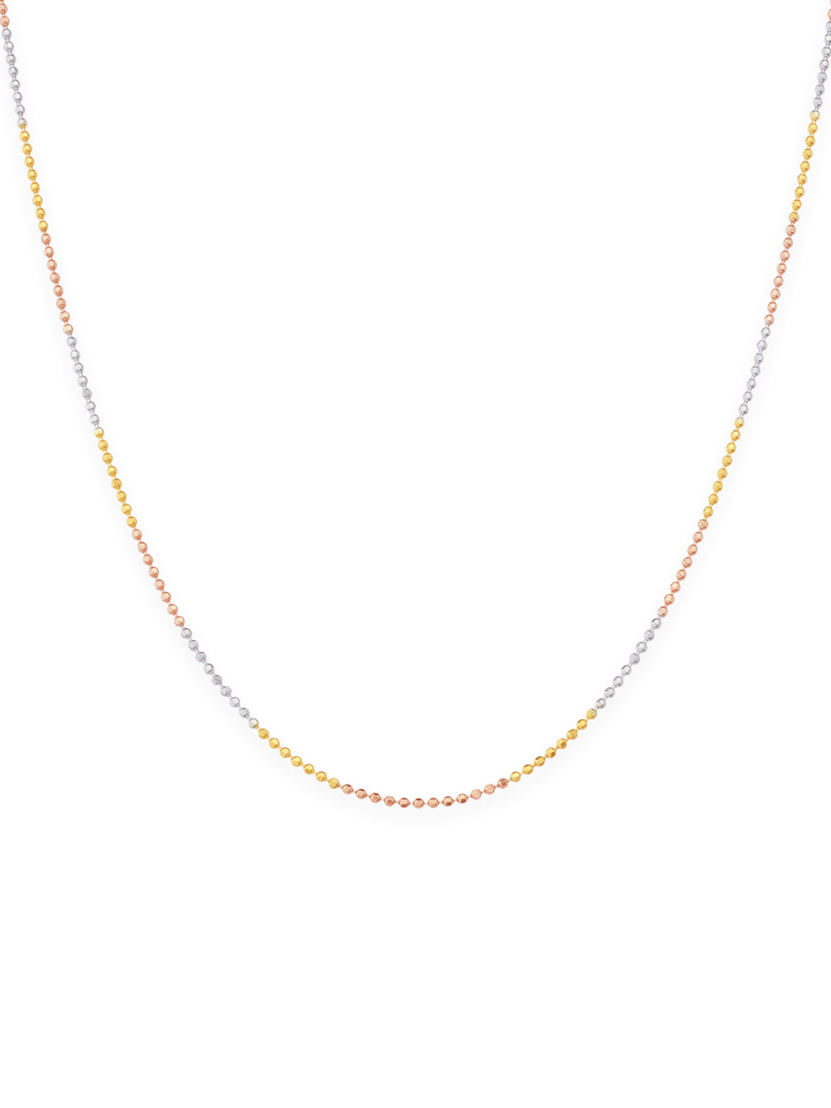 Detailed close up of SIJA 925 Silver Triple Tone Sleek Ball Chain showing sleek beads in silver, gold, and rose tone finish