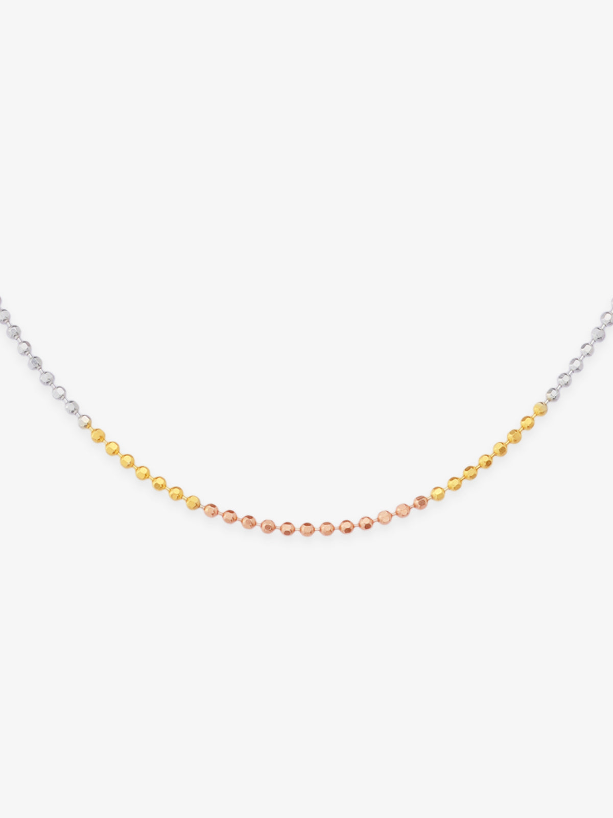 Detailed close up of SIJA 925 Silver Triple Tone Sleek Ball Chain showing sleek beads in silver, gold, and rose tone finish