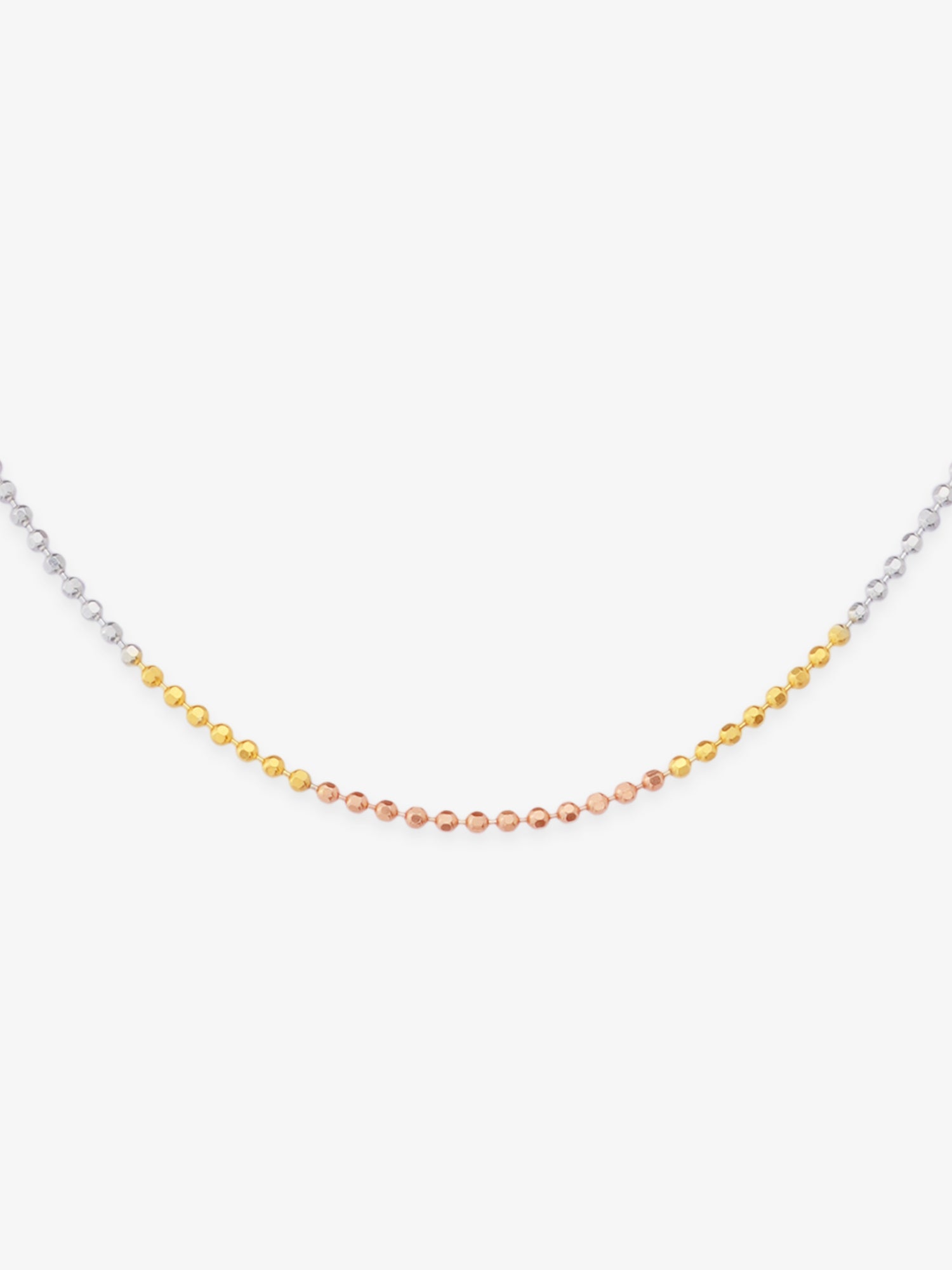 Detailed close up of SIJA 925 Silver Triple Tone Sleek Ball Chain showing sleek beads in silver, gold, and rose tone finish