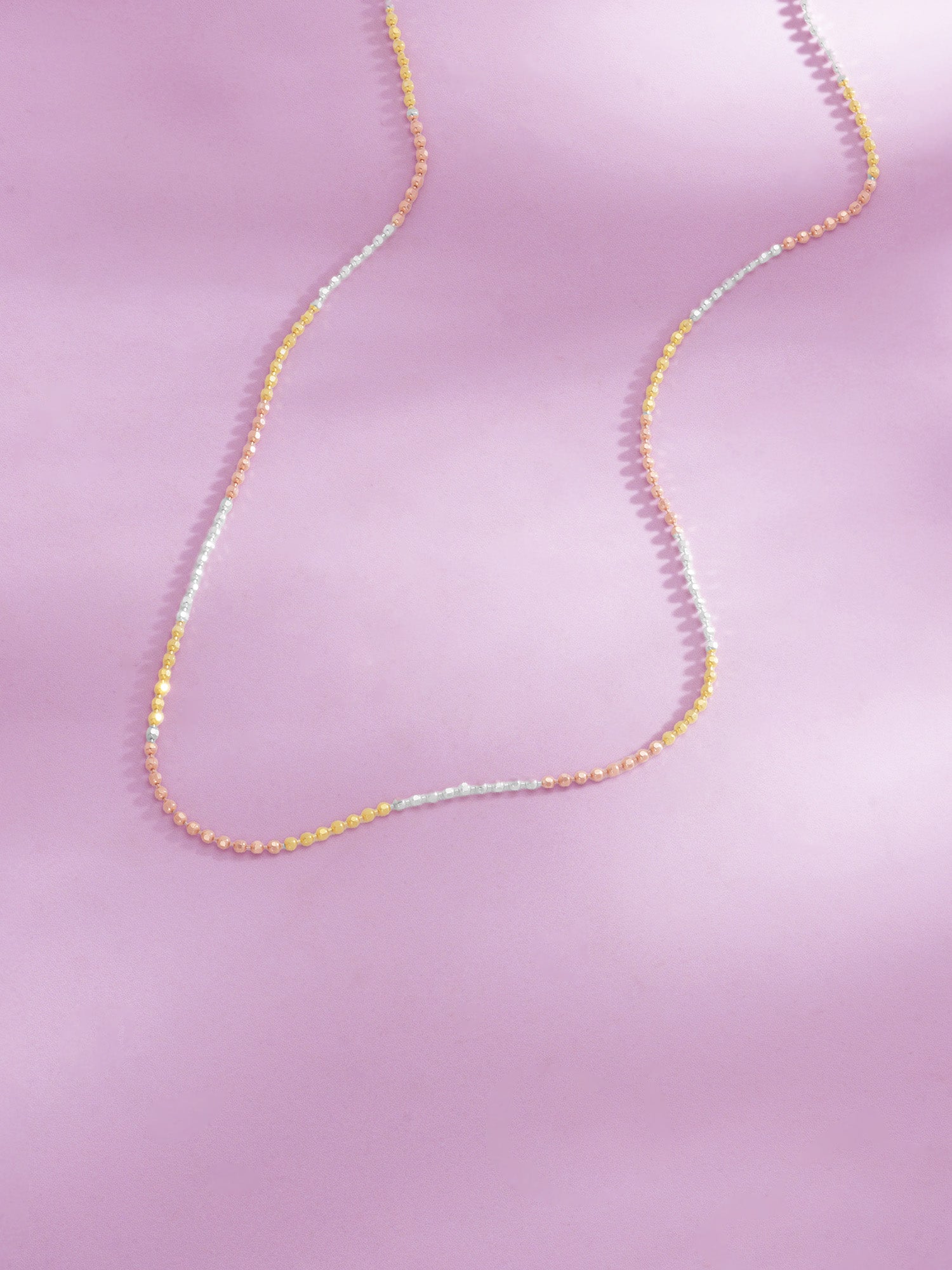 Detailed close up of SIJA 925 Silver Triple Tone Sleek Ball Chain showing sleek beads in silver, gold, and rose tone finish