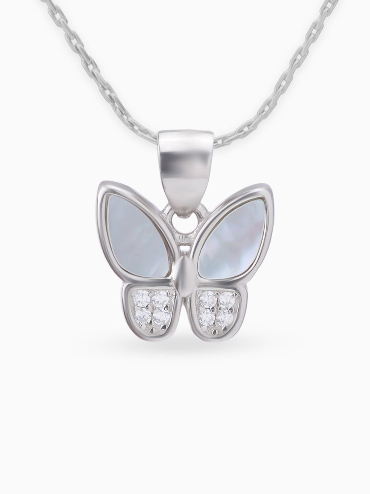 Close up SIJA 925 silver jewellery white black fluttering sparkle butterfly pendant handcrafted premium design versatile accessory for everyday wear and special occasion