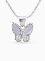Close up SIJA 925 silver jewellery white black fluttering sparkle butterfly pendant handcrafted premium design versatile accessory for everyday wear and special occasion