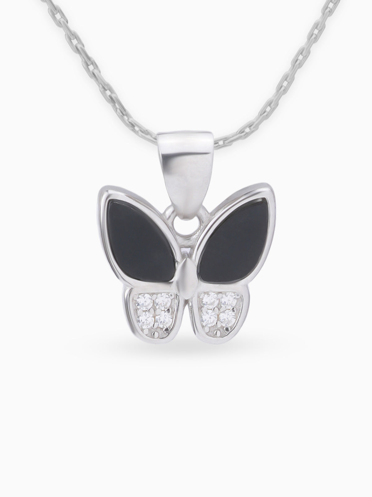 Close up SIJA 925 silver jewellery white black fluttering sparkle butterfly pendant handcrafted premium design versatile accessory for everyday wear and special occasion