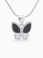 Close up SIJA 925 silver jewellery white black fluttering sparkle butterfly pendant handcrafted premium design versatile accessory for everyday wear and special occasion