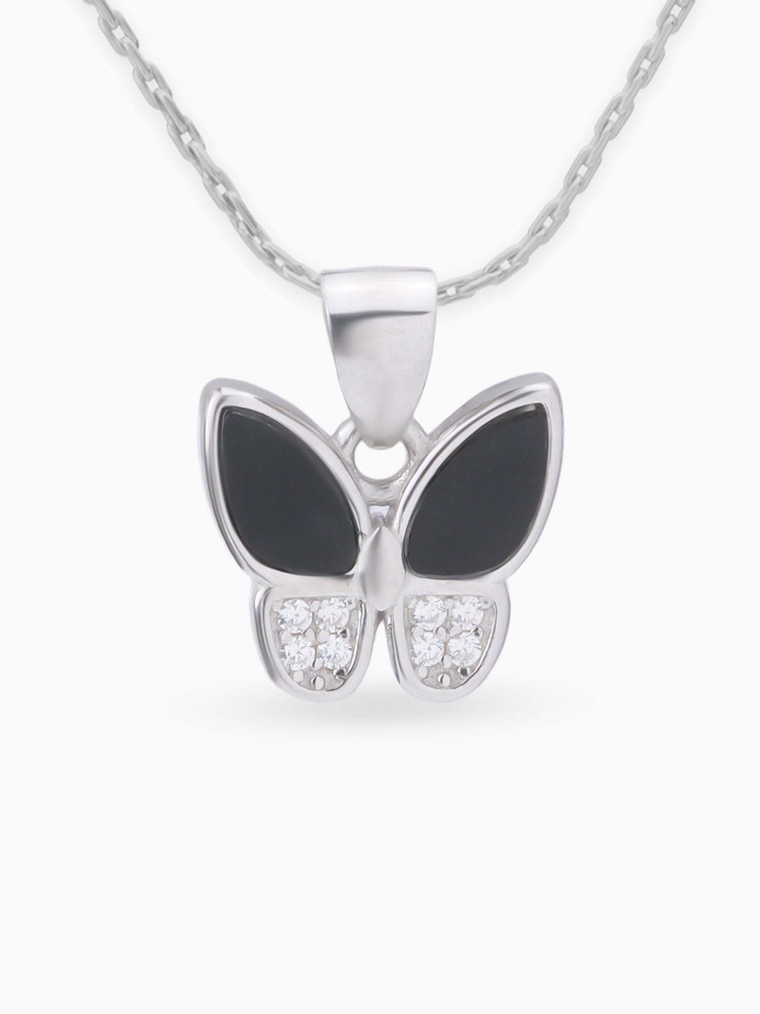 Close up SIJA 925 silver jewellery white black fluttering sparkle butterfly pendant handcrafted premium design versatile accessory for everyday wear and special occasion