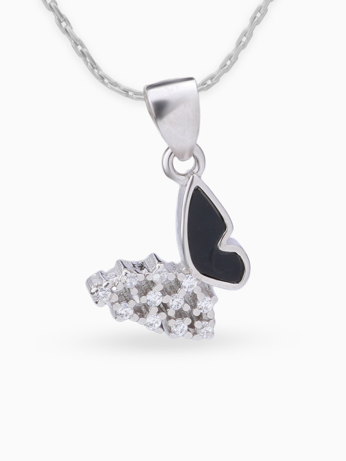 Close up SIJA 925 silver jewellery white black star light butterfly pendant handcrafted premium design versatile accessory for everyday wear and special occasions