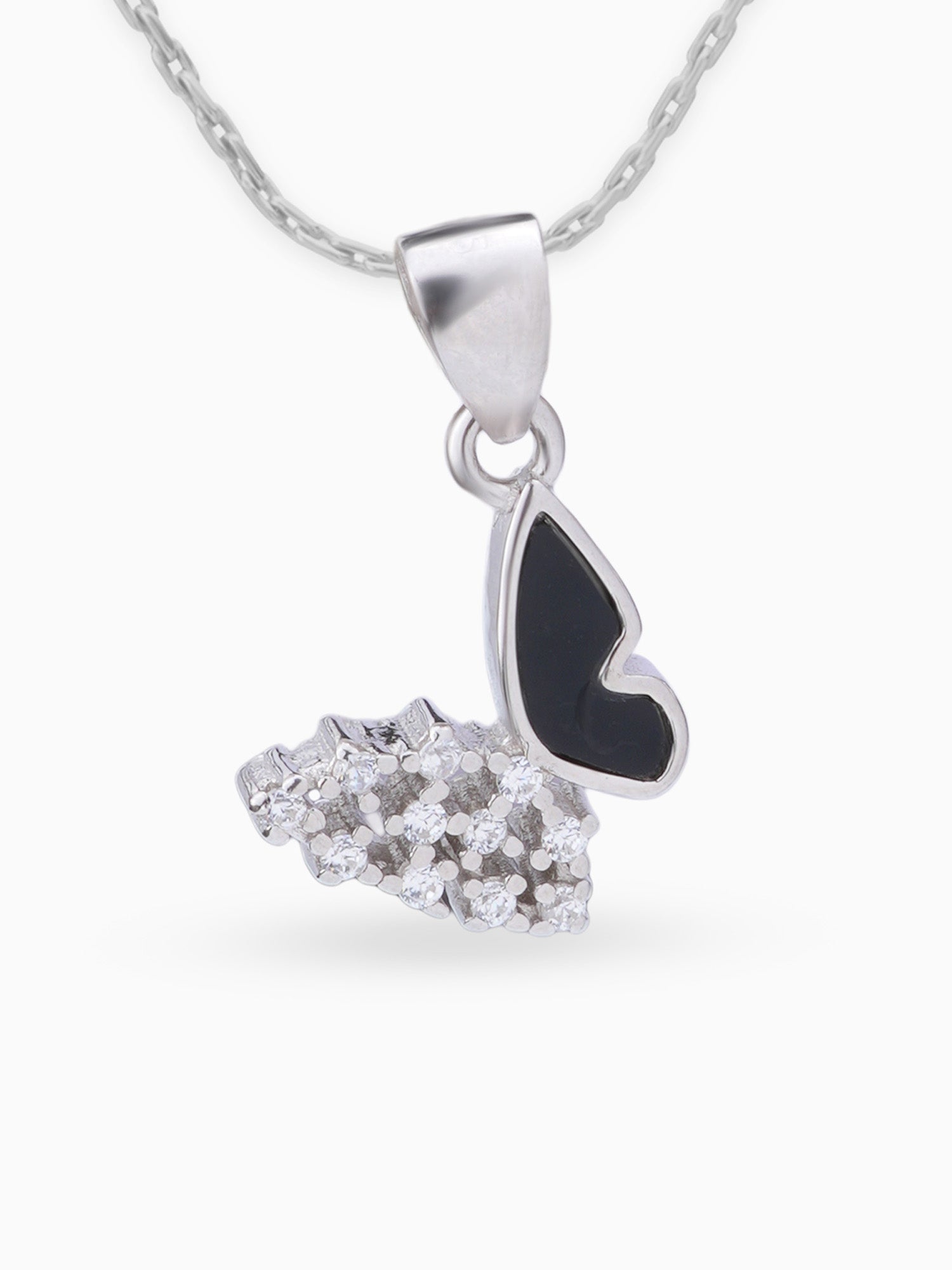 Close up SIJA 925 silver jewellery white black star light butterfly pendant handcrafted premium design versatile accessory for everyday wear and special occasions