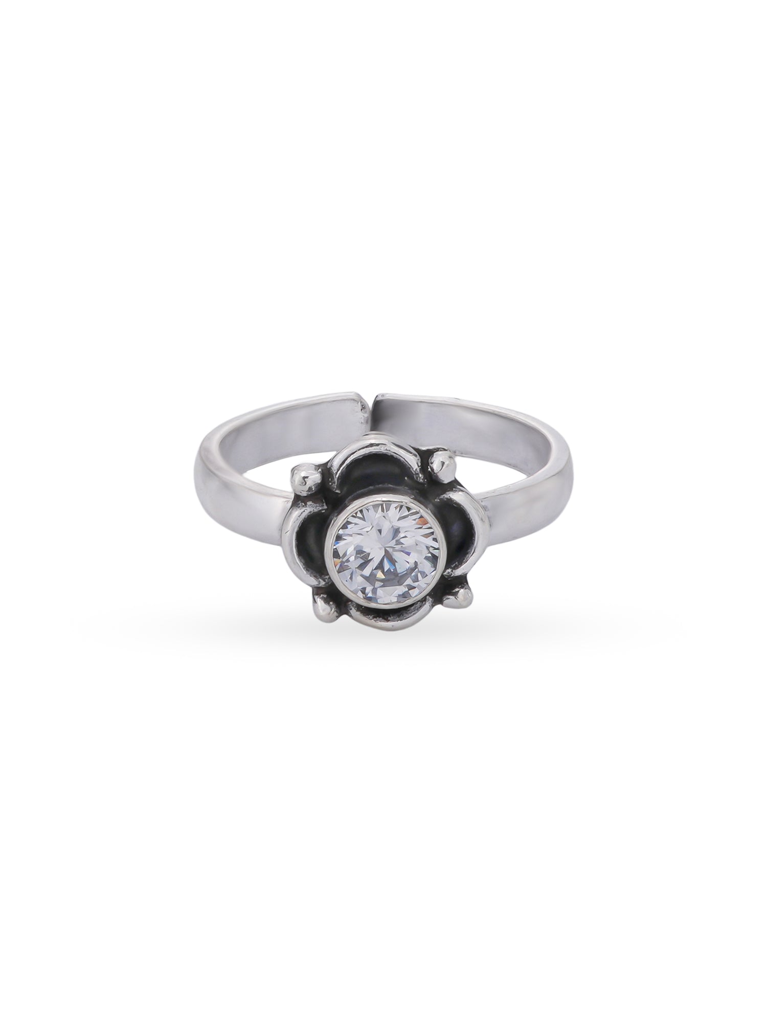 Detailed close up of SIJA 925 Silver White Bloom Antique Toe Ring showing oxidised floral motif with white stone center piece
