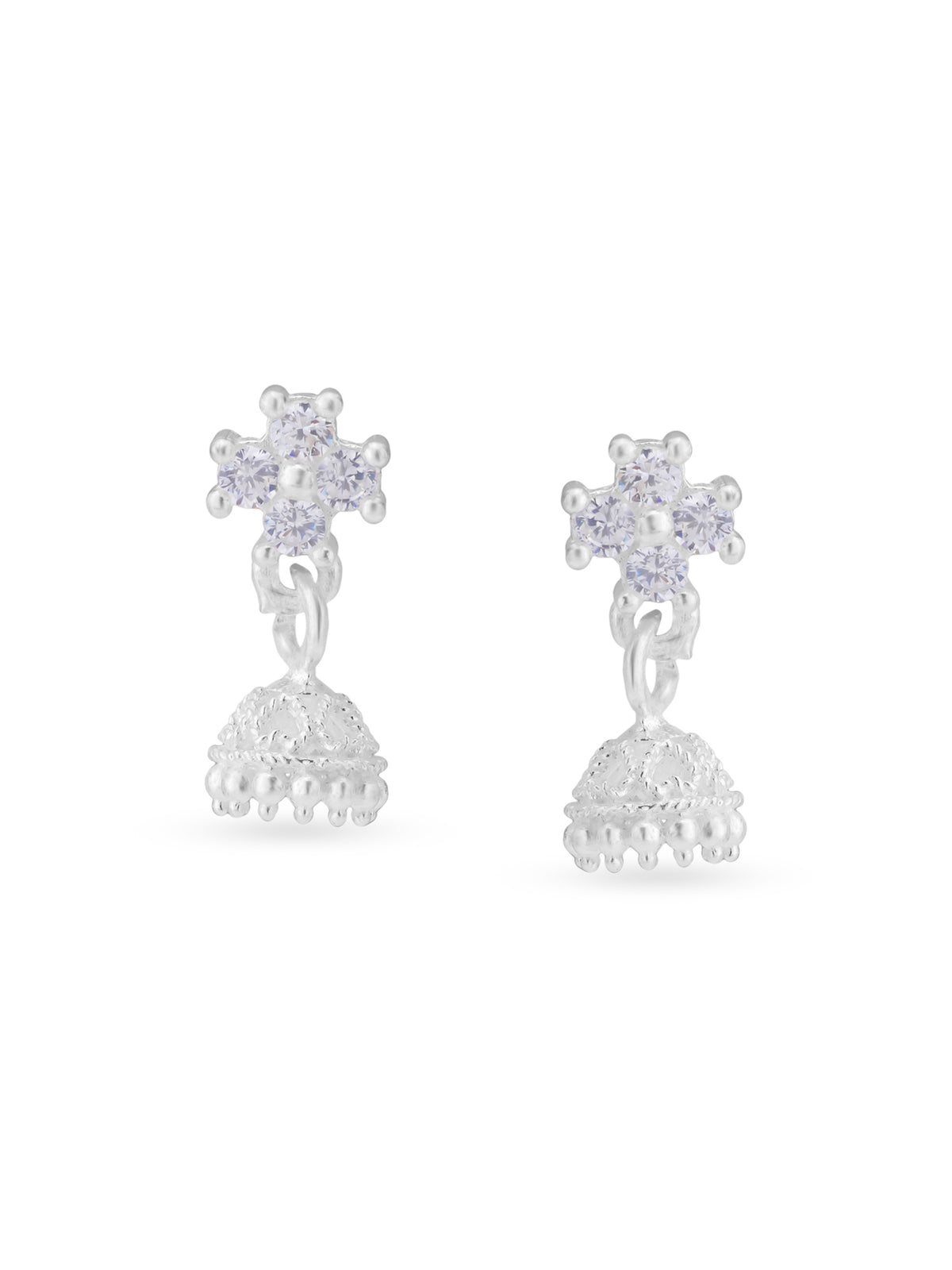 Detailed close up of SIJA Floral Jhumka showing delicate floral motif and premium silver craftsmanship