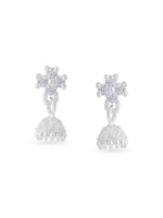 Detailed close up of SIJA Floral Jhumka showing delicate floral motif and premium silver craftsmanship