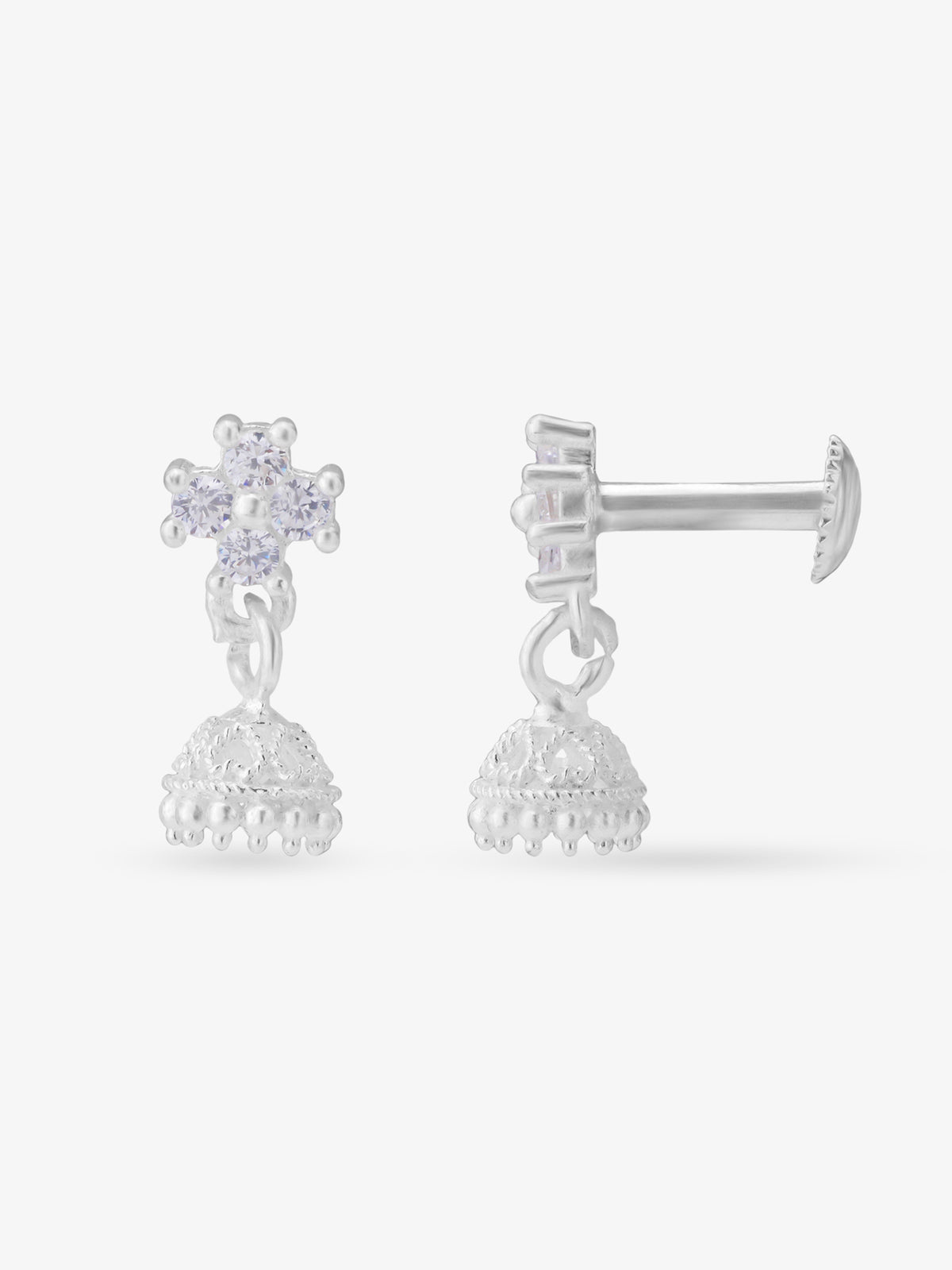 Side view of SIJA 925 Silver Floral Jhumka highlighting handcrafted silver dome and floral detailing