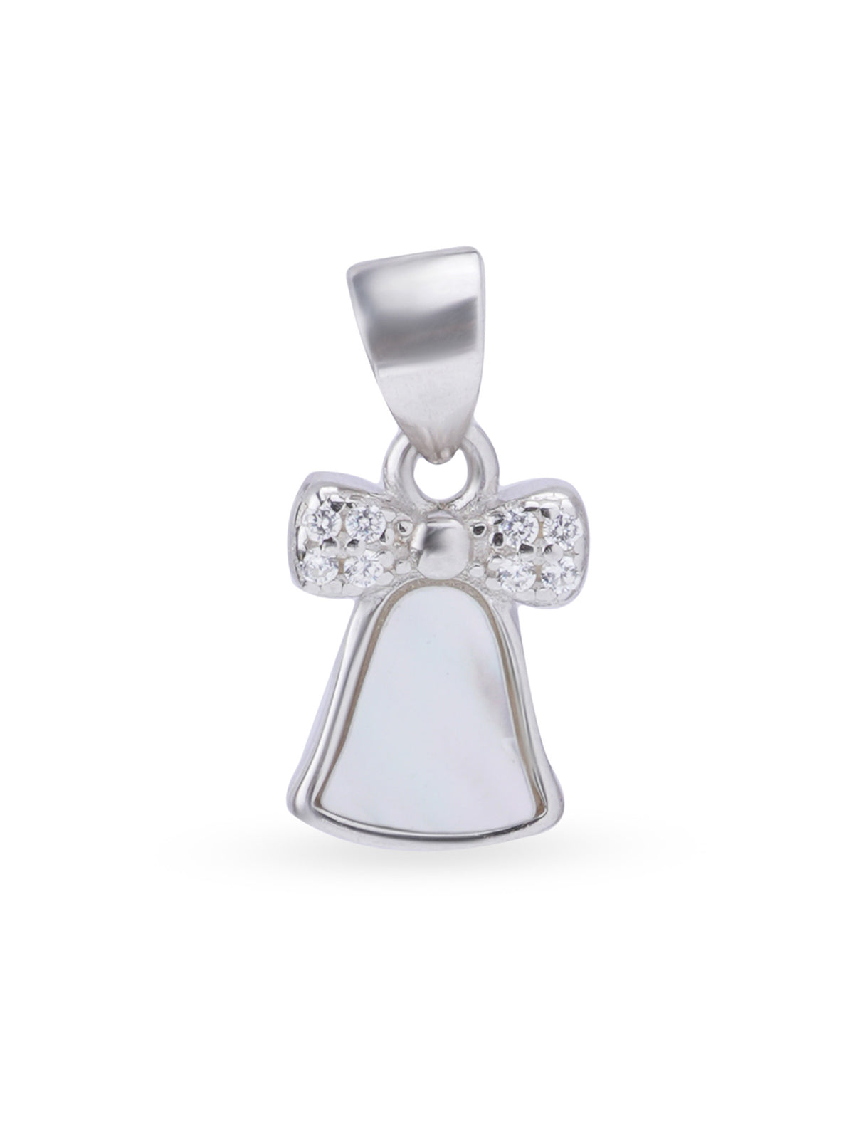 Close up SIJA 925 silver jewellery white pink bell pendant handcrafted premium design versatile accessory for everyday wear and special occasions