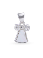 Close up SIJA 925 silver jewellery white pink bell pendant handcrafted premium design versatile accessory for everyday wear and special occasions