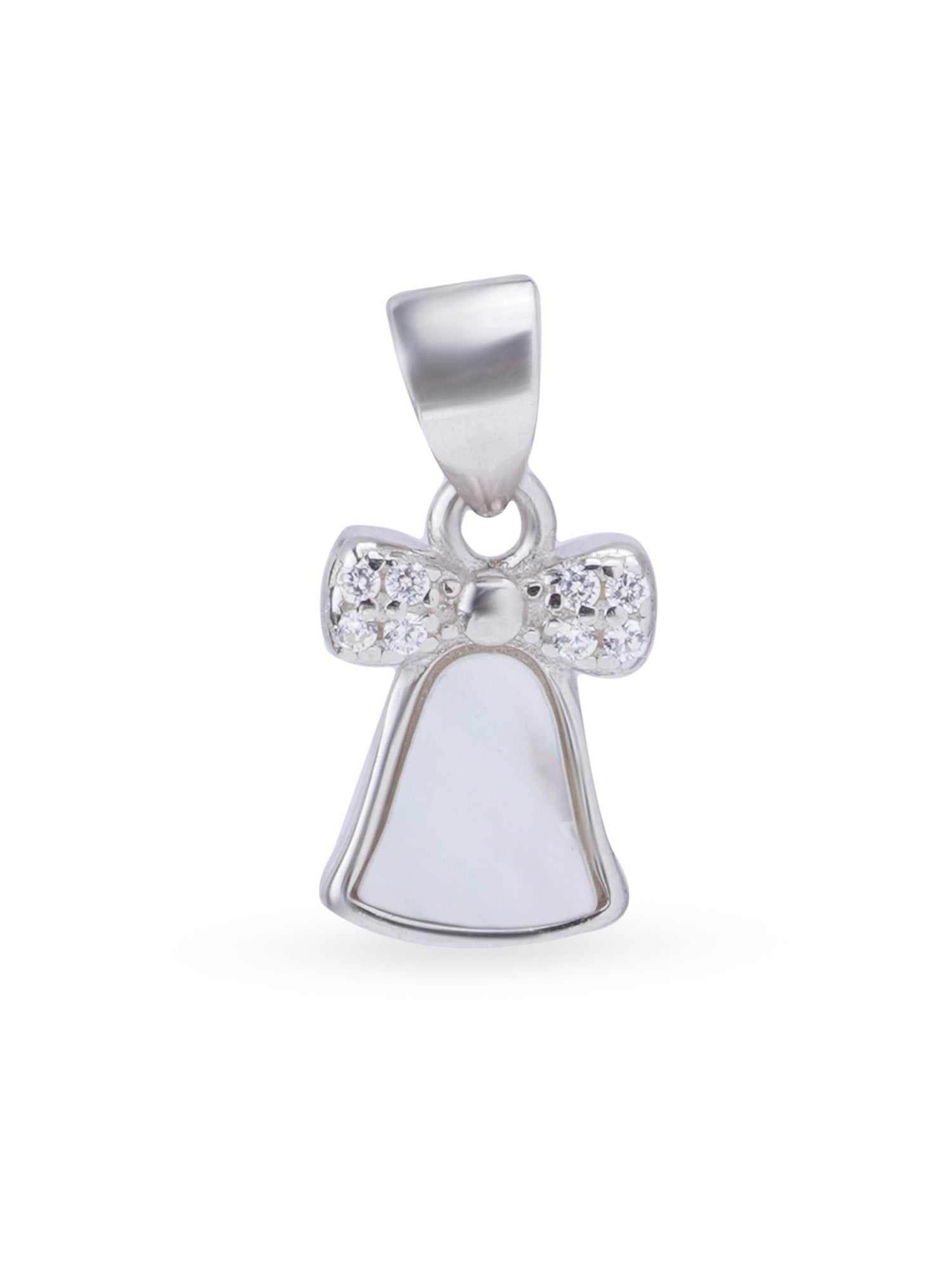 Close up SIJA 925 silver jewellery white pink bell pendant handcrafted premium design versatile accessory for everyday wear and special occasions