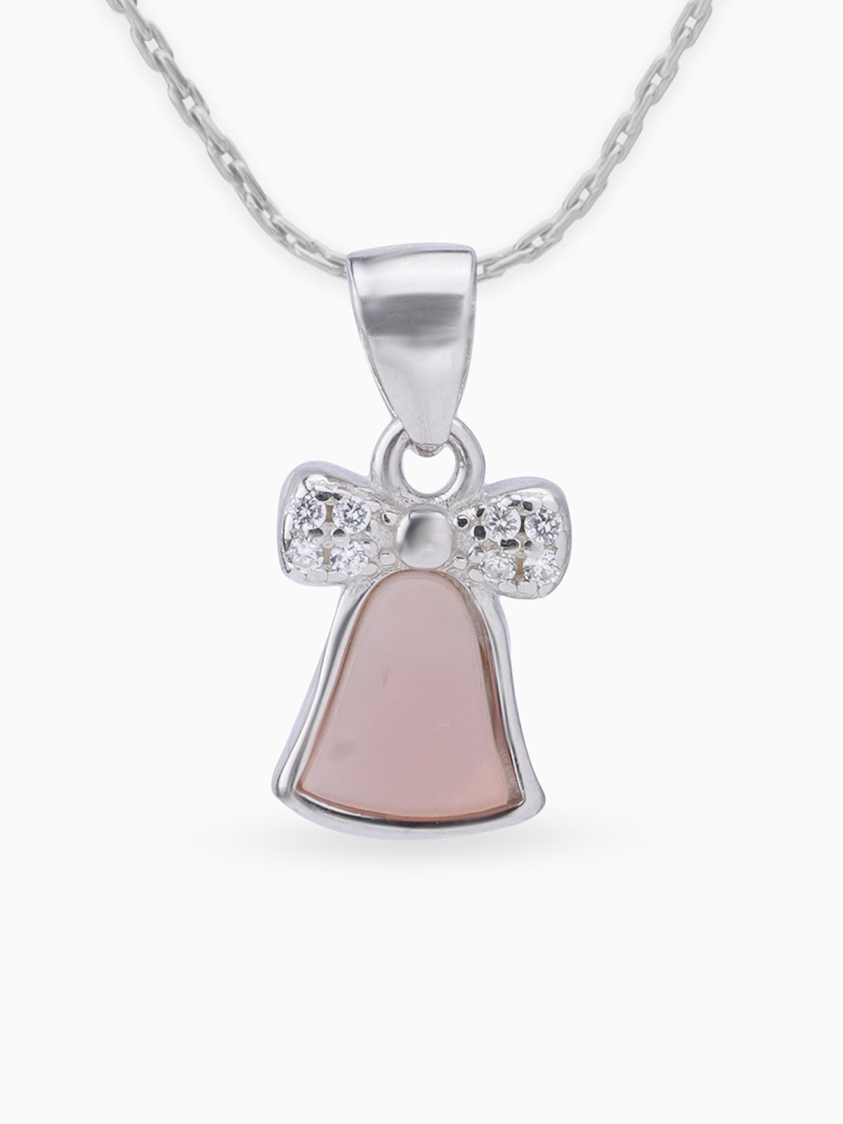 Close up SIJA 925 silver jewellery white pink bell pendant handcrafted premium design versatile accessory for everyday wear and special occasions