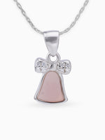 Close up SIJA 925 silver jewellery white pink bell pendant handcrafted premium design versatile accessory for everyday wear and special occasions