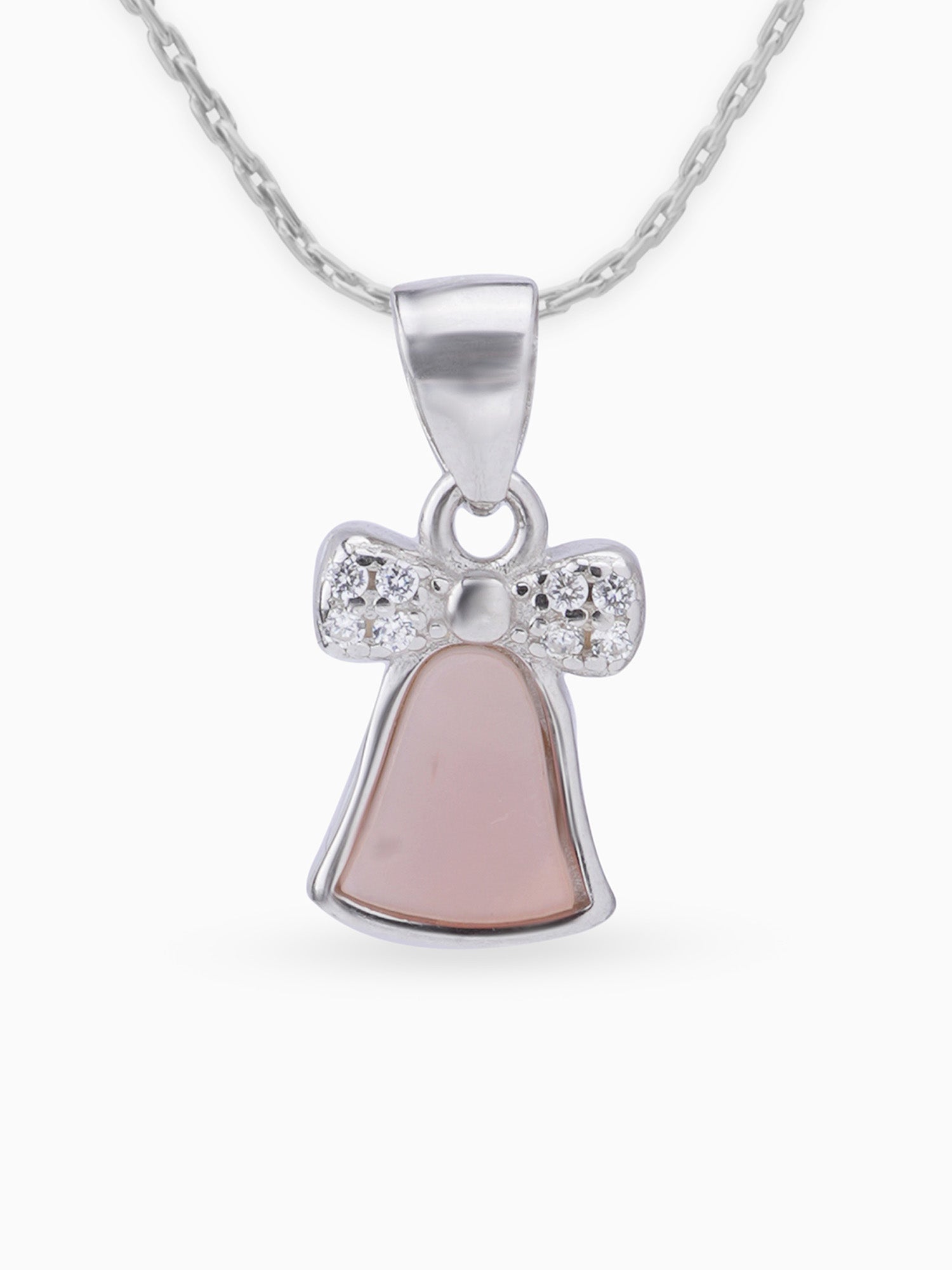 Close up SIJA 925 silver jewellery white pink bell pendant handcrafted premium design versatile accessory for everyday wear and special occasions