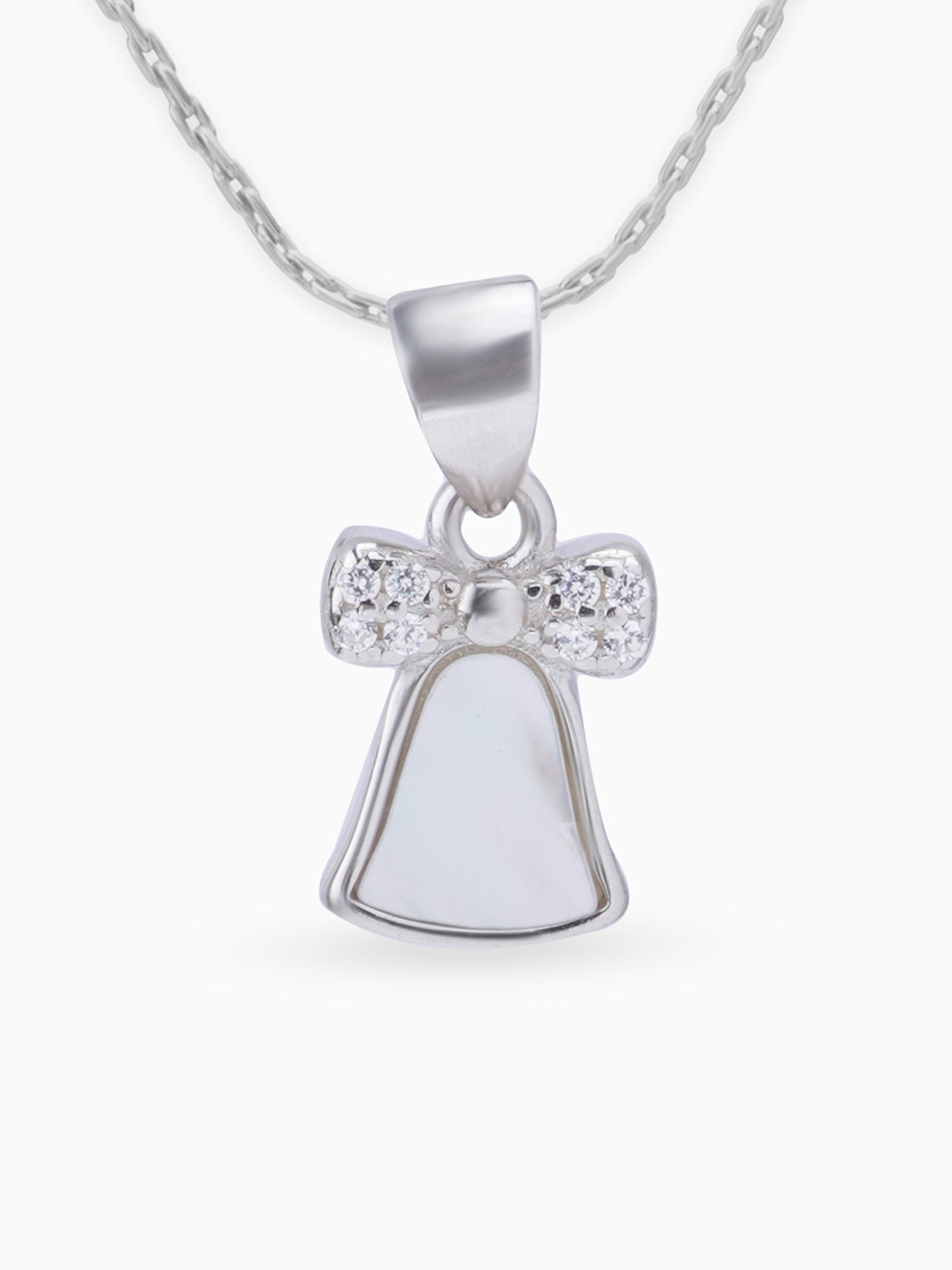 Close up SIJA 925 silver jewellery white pink bell pendant handcrafted premium design versatile accessory for everyday wear and special occasions