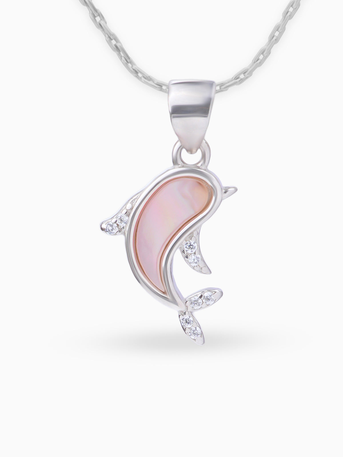 Close up SIJA 925 silver jewellery white pink dolphin grace pendant handcrafted premium design versatile accessory for everyday wear and special occasions