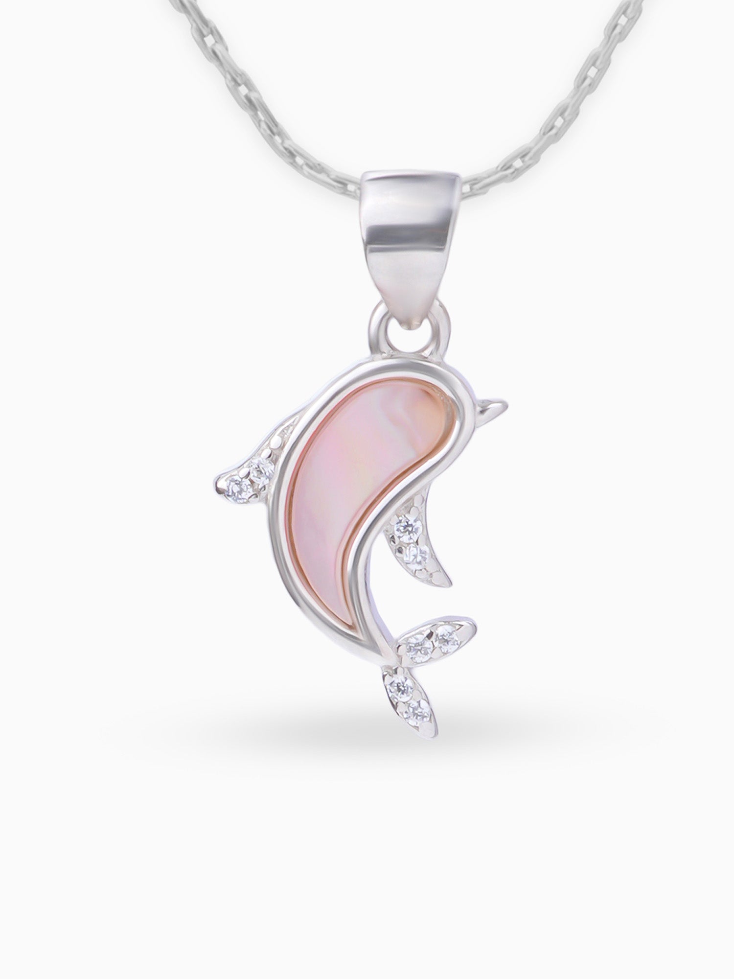Close up SIJA 925 silver jewellery white pink dolphin grace pendant handcrafted premium design versatile accessory for everyday wear and special occasions