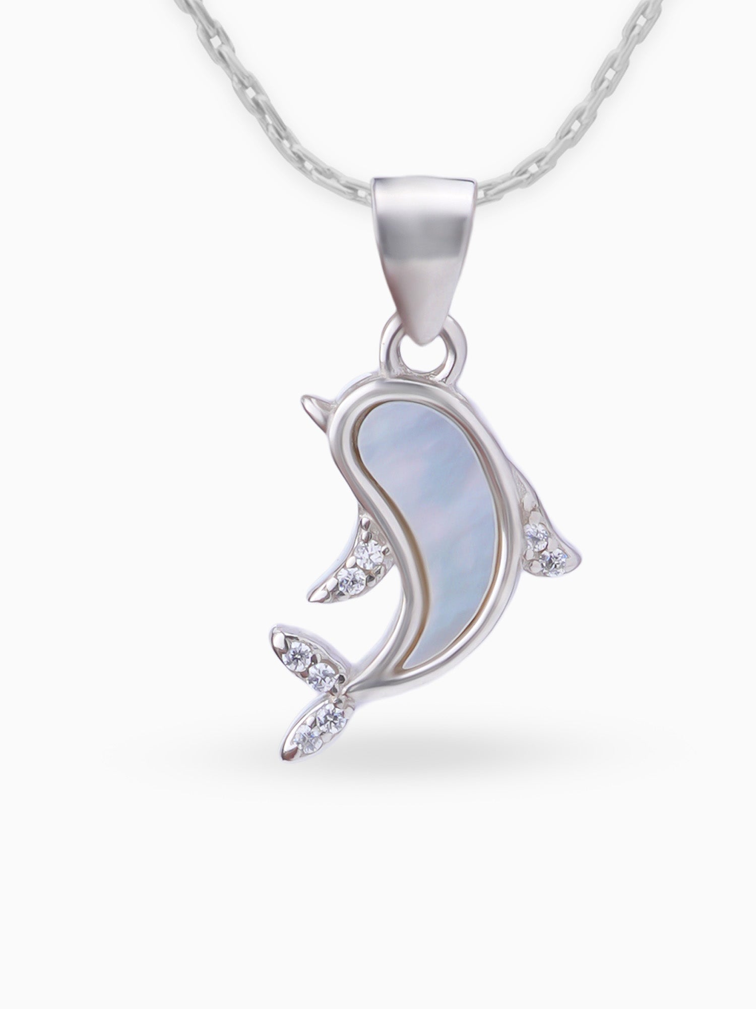 Close up SIJA 925 silver jewellery white pink dolphin grace pendant handcrafted premium design versatile accessory for everyday wear and special occasions