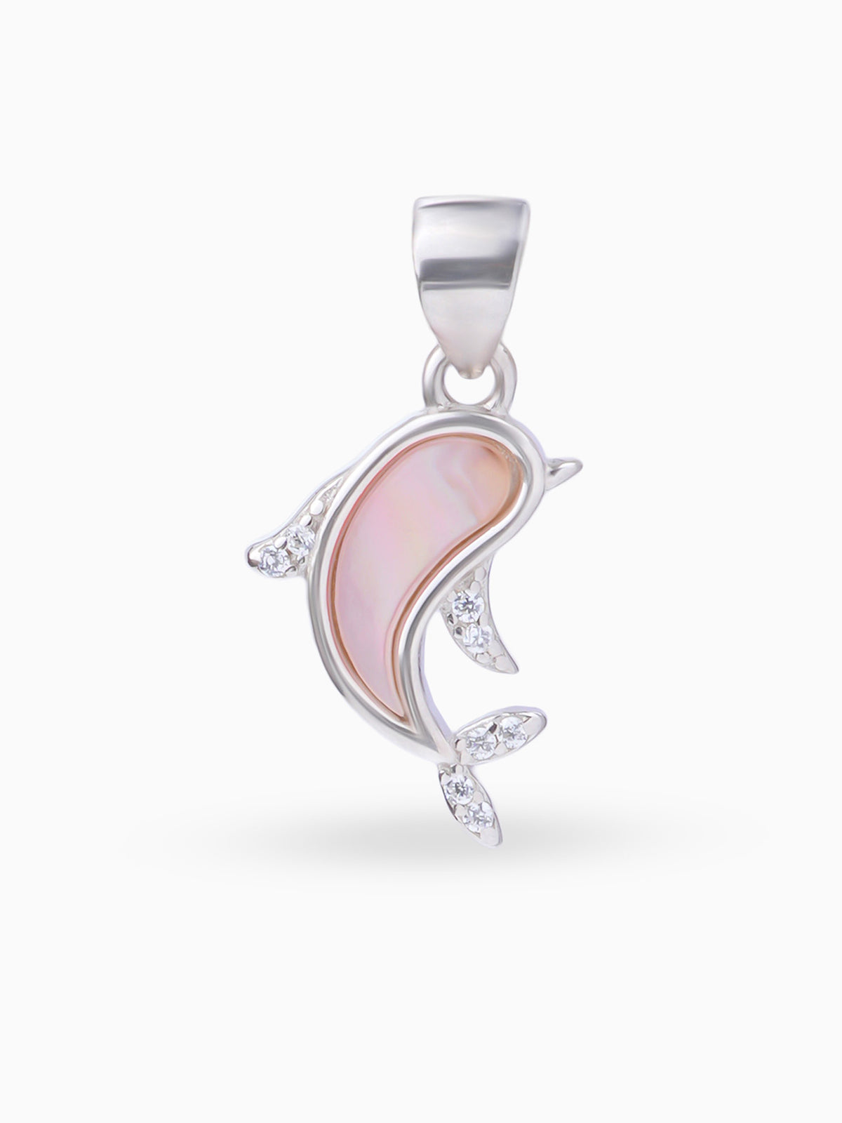 Close up SIJA 925 silver jewellery white pink dolphin grace pendant handcrafted premium design versatile accessory for everyday wear and special occasions