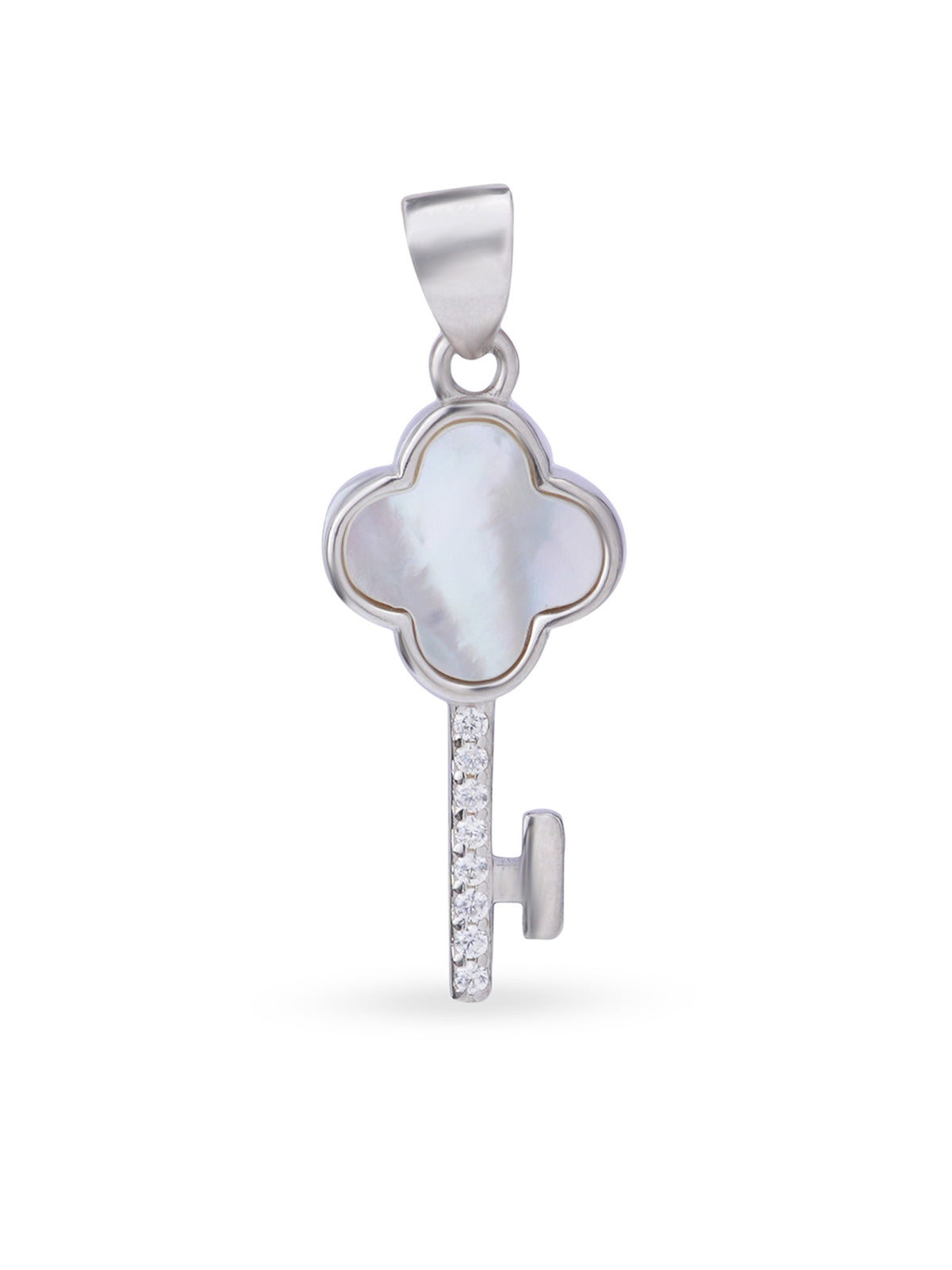 Close up SIJA 925 silver jewellery white pink glimmer key pendant handcrafted premium design versatile accessory for everyday wear and special occasions