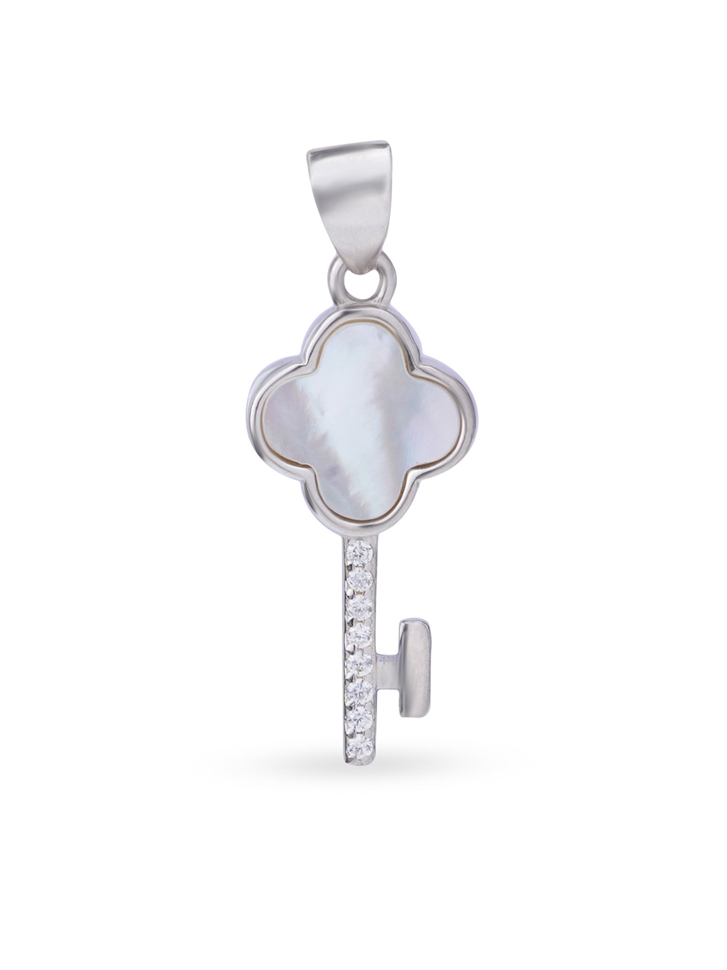 Close up SIJA 925 silver jewellery white pink glimmer key pendant handcrafted premium design versatile accessory for everyday wear and special occasions
