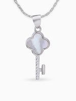 Close up SIJA 925 silver jewellery white pink glimmer key pendant handcrafted premium design versatile accessory for everyday wear and special occasions