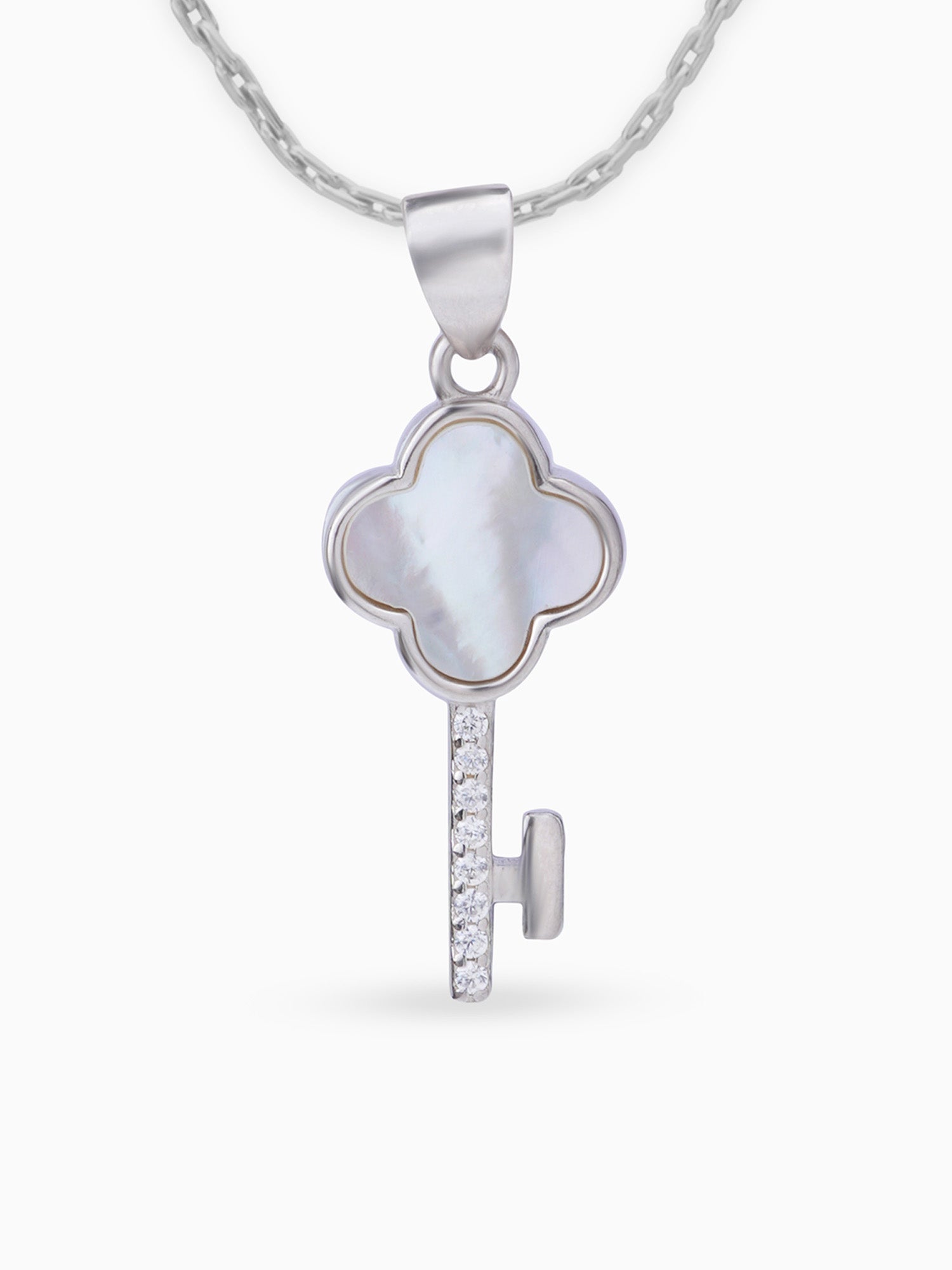Close up SIJA 925 silver jewellery white pink glimmer key pendant handcrafted premium design versatile accessory for everyday wear and special occasions