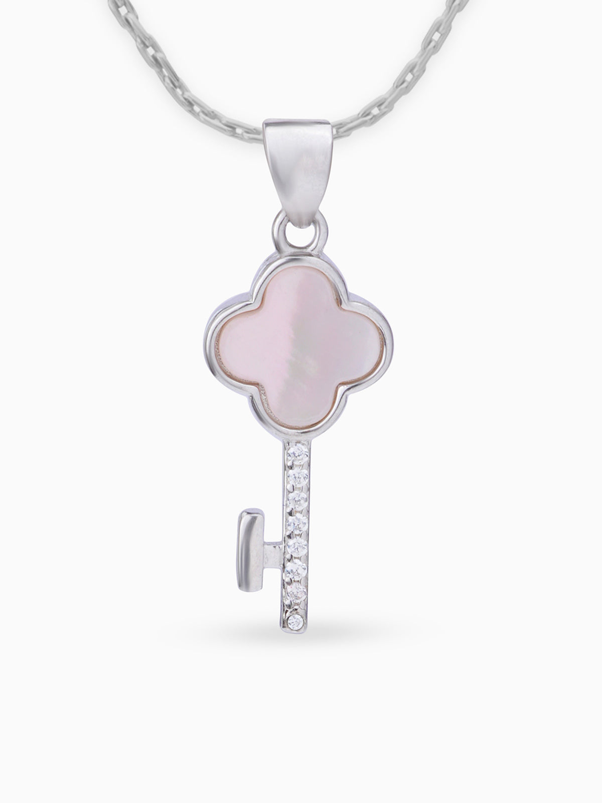 Close up SIJA 925 silver jewellery white pink glimmer key pendant handcrafted premium design versatile accessory for everyday wear and special occasions