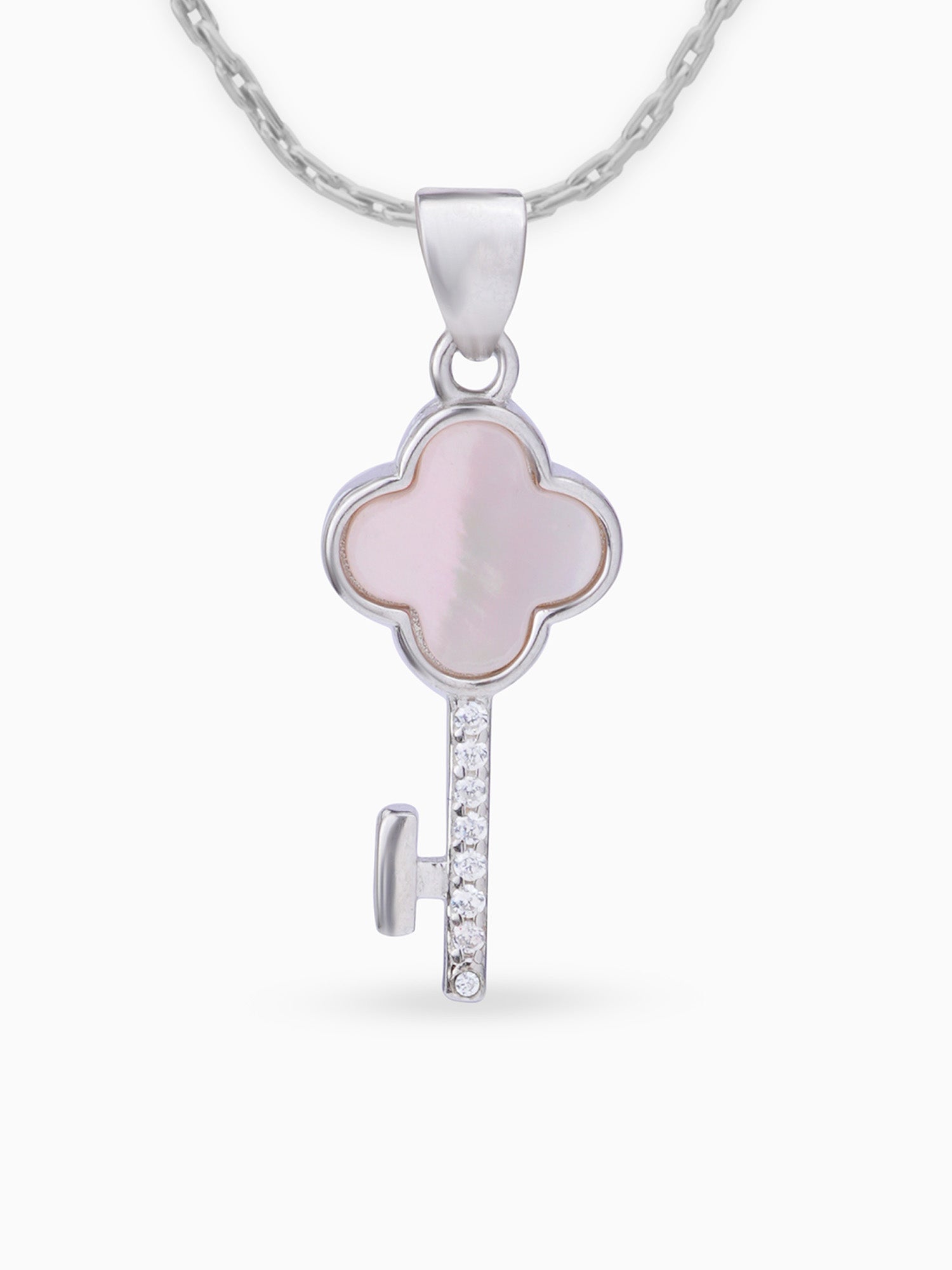 Close up SIJA 925 silver jewellery white pink glimmer key pendant handcrafted premium design versatile accessory for everyday wear and special occasions