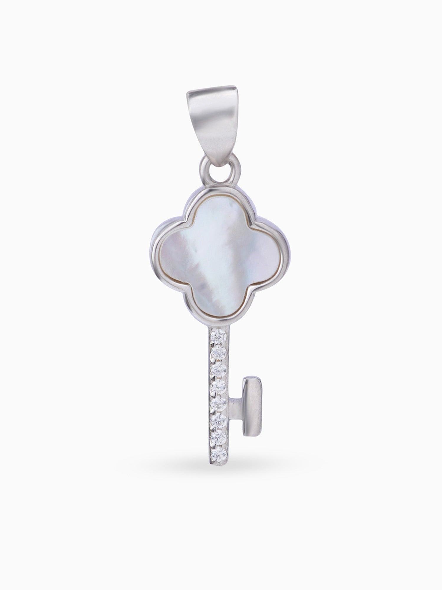 Hero shot SIJA 925 silver jewellery white pink glimmer key pendant BIS hallmarked elegant timeless accessory perfect for weddings festive wear and gifting