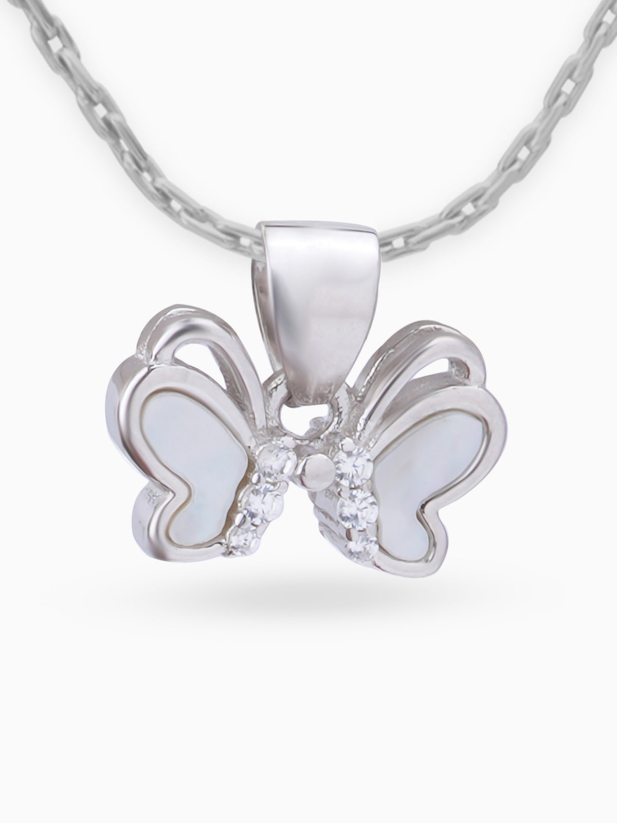 Close up SIJA 925 silver jewellery white pink little butterfly pendant handcrafted premium design versatile accessory for everyday wear and special occasions
