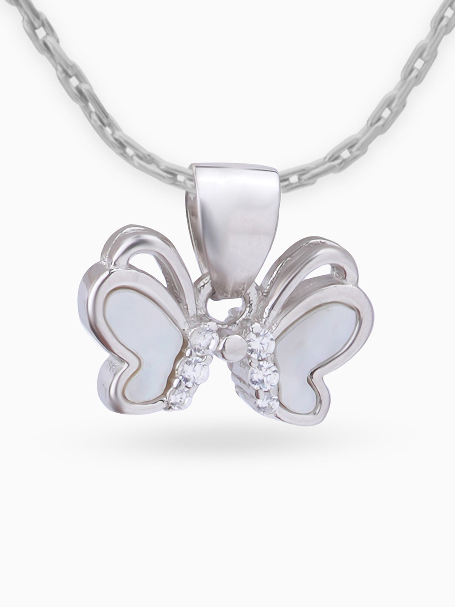 Close up SIJA 925 silver jewellery white pink little butterfly pendant handcrafted premium design versatile accessory for everyday wear and special occasions