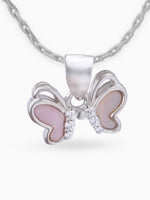 Close up SIJA 925 silver jewellery white pink little butterfly pendant handcrafted premium design versatile accessory for everyday wear and special occasions