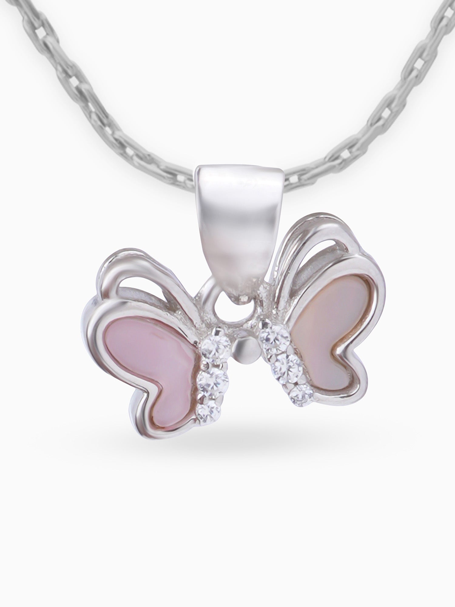 Close up SIJA 925 silver jewellery white pink little butterfly pendant handcrafted premium design versatile accessory for everyday wear and special occasions