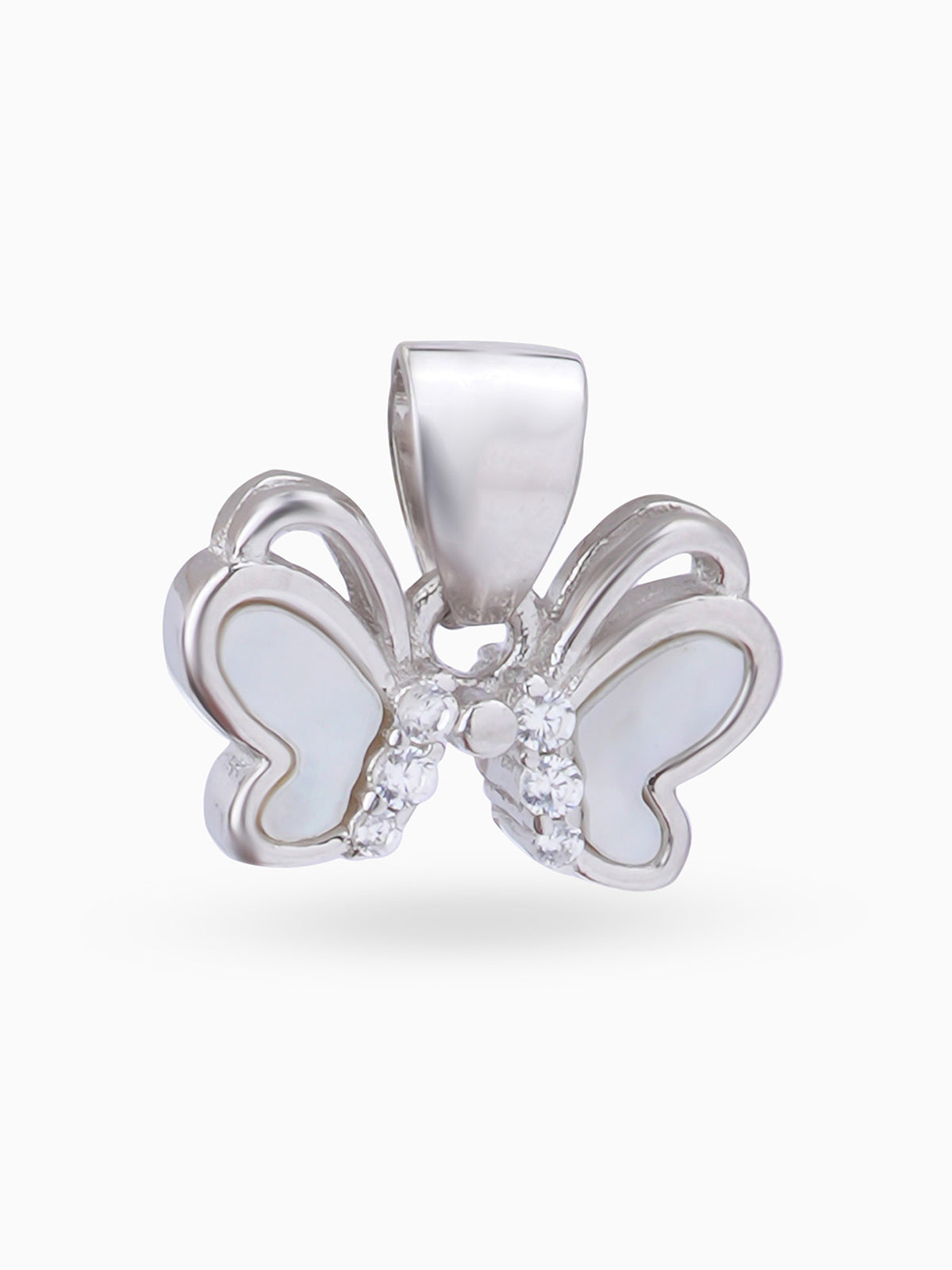 Hero shot SIJA 925 silver jewellery white pink little butterfly pendant BIS hallmarked elegant timeless accessory perfect for weddings festive wear and gifting