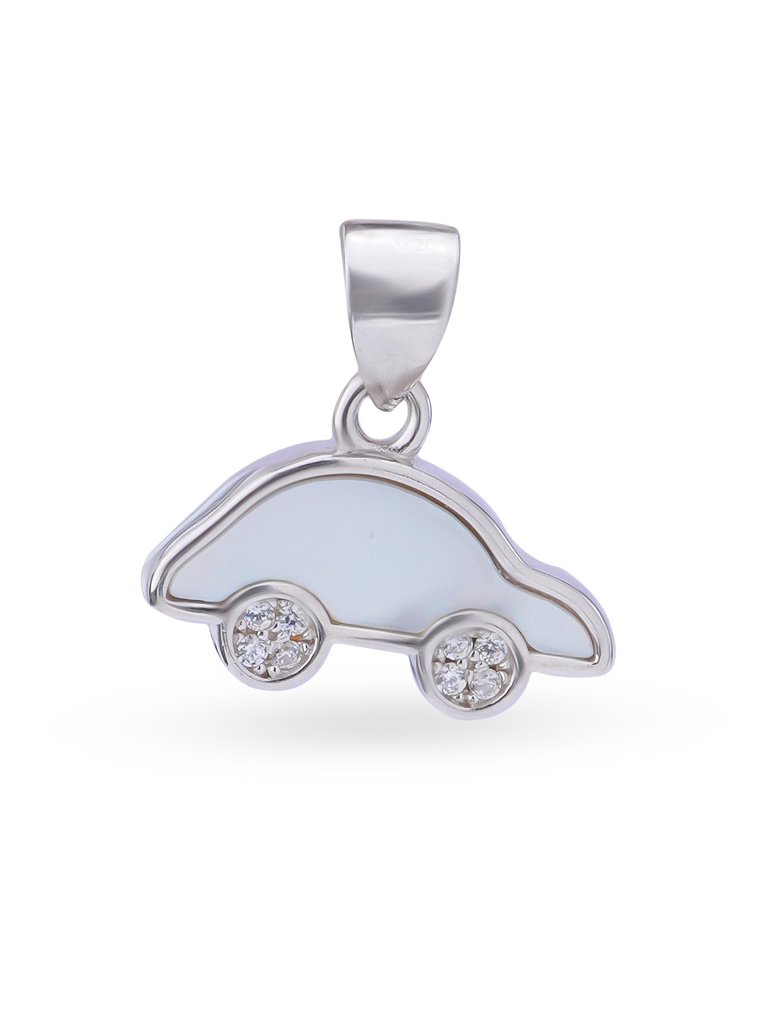 Close up SIJA 925 silver jewellery white pink little car pendant handcrafted premium design versatile accessory for everyday wear and special occasions