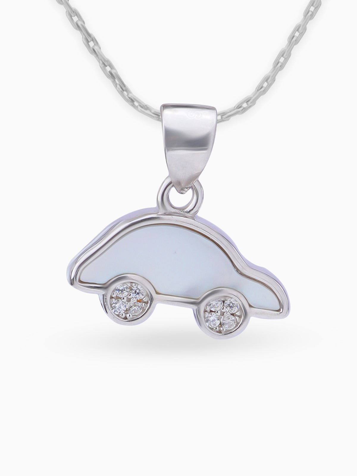 Close up SIJA 925 silver jewellery white pink little car pendant handcrafted premium design versatile accessory for everyday wear and special occasions