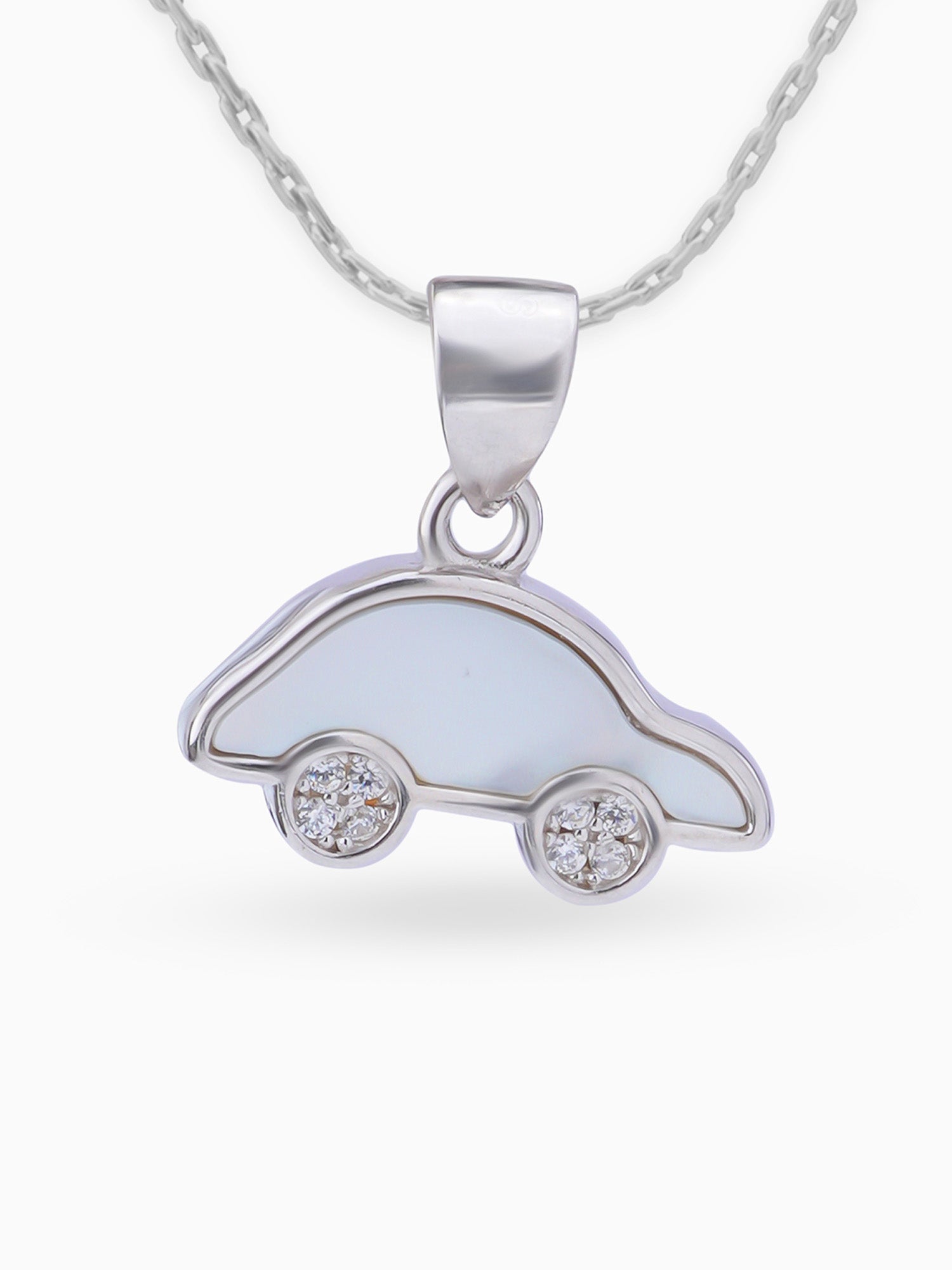 Close up SIJA 925 silver jewellery white pink little car pendant handcrafted premium design versatile accessory for everyday wear and special occasions