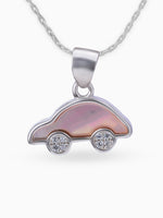 Close up SIJA 925 silver jewellery white pink little car pendant handcrafted premium design versatile accessory for everyday wear and special occasions