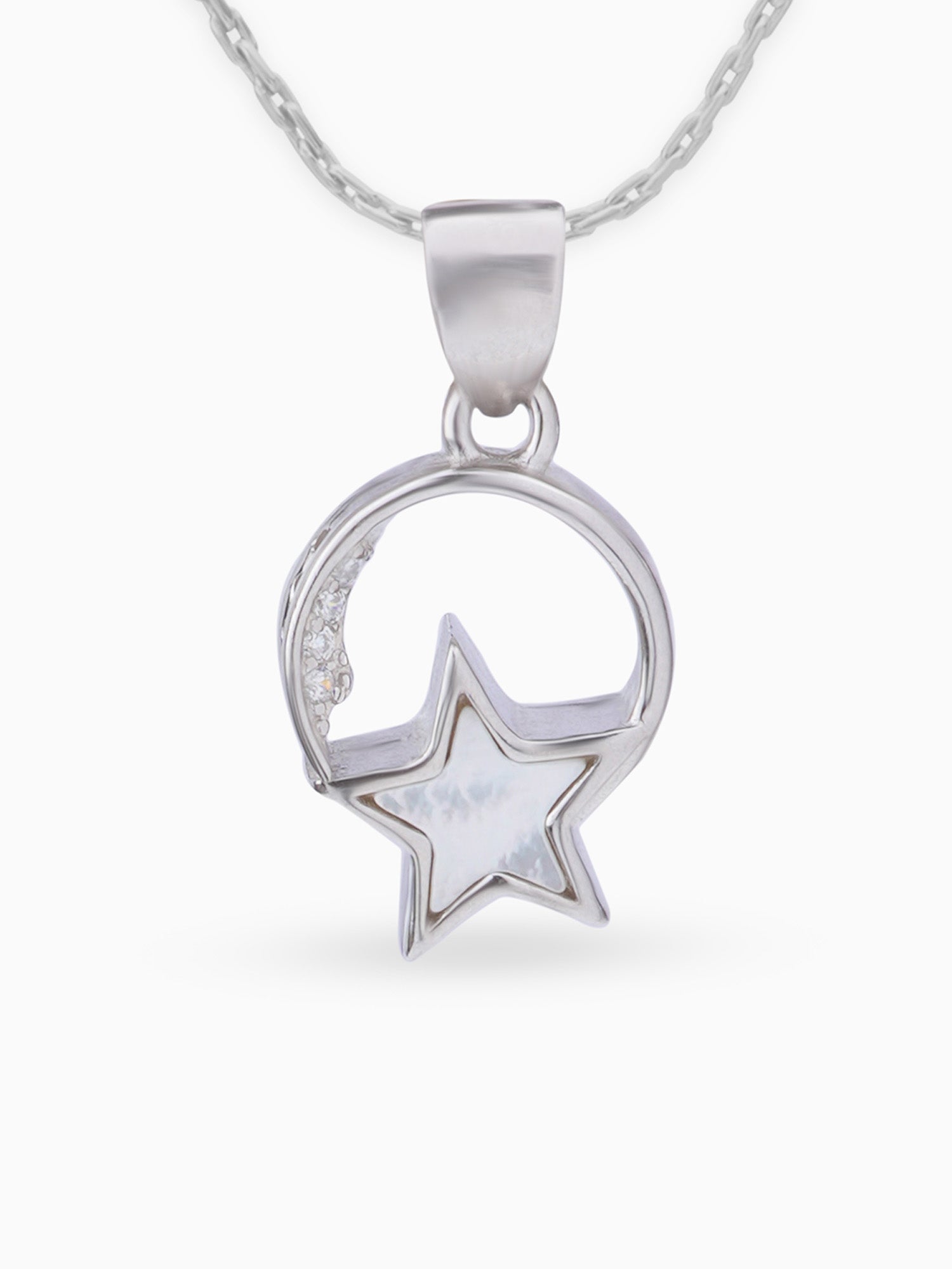 Close up SIJA 925 silver jewellery white pink lunar star pendant handcrafted premium design versatile accessory for everyday wear and special occasions