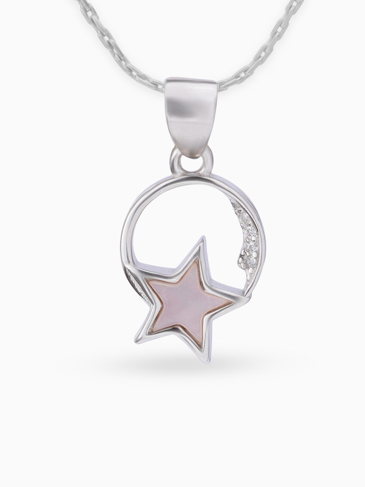 Close up SIJA 925 silver jewellery white pink lunar star pendant handcrafted premium design versatile accessory for everyday wear and special occasions