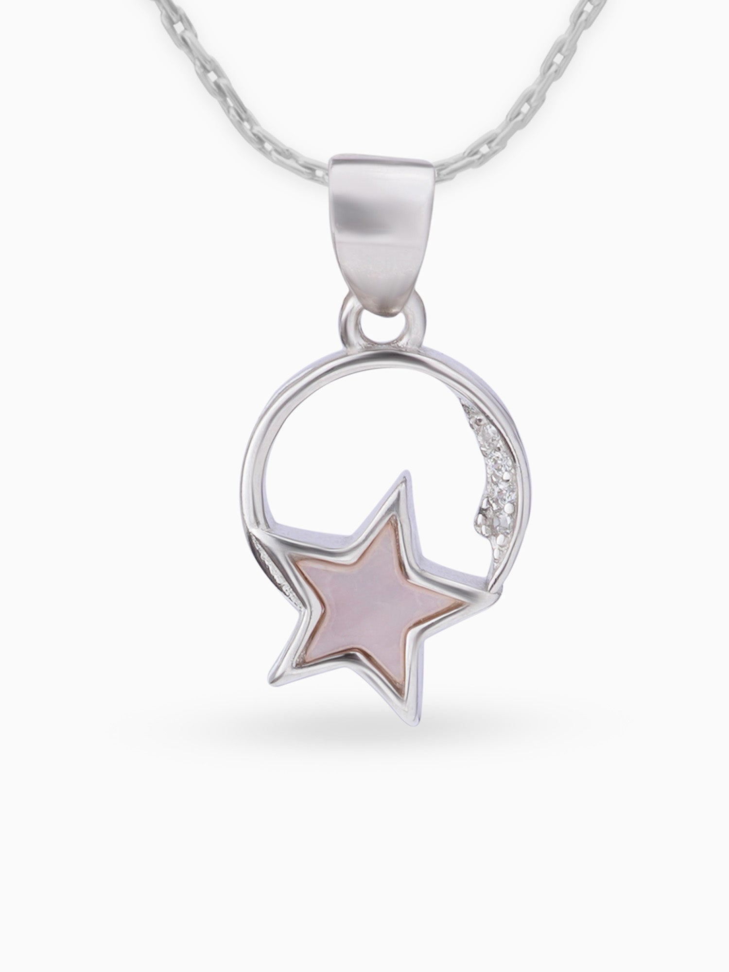 Close up SIJA 925 silver jewellery white pink lunar star pendant handcrafted premium design versatile accessory for everyday wear and special occasions