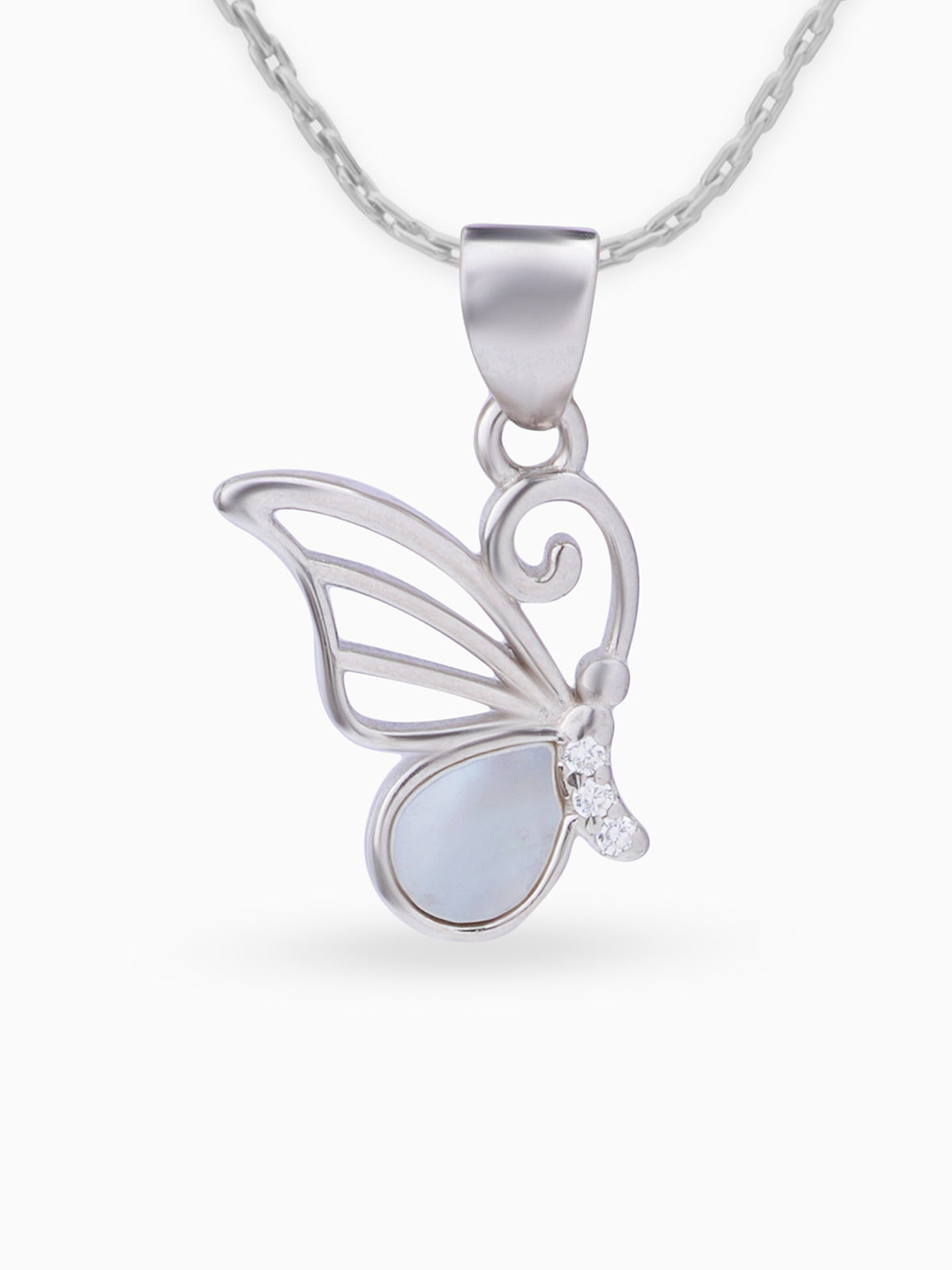 Close up SIJA 925 silver jewellery white pink radiant wing butterfly pendant handcrafted premium design versatile accessory for everyday wear and special occasions