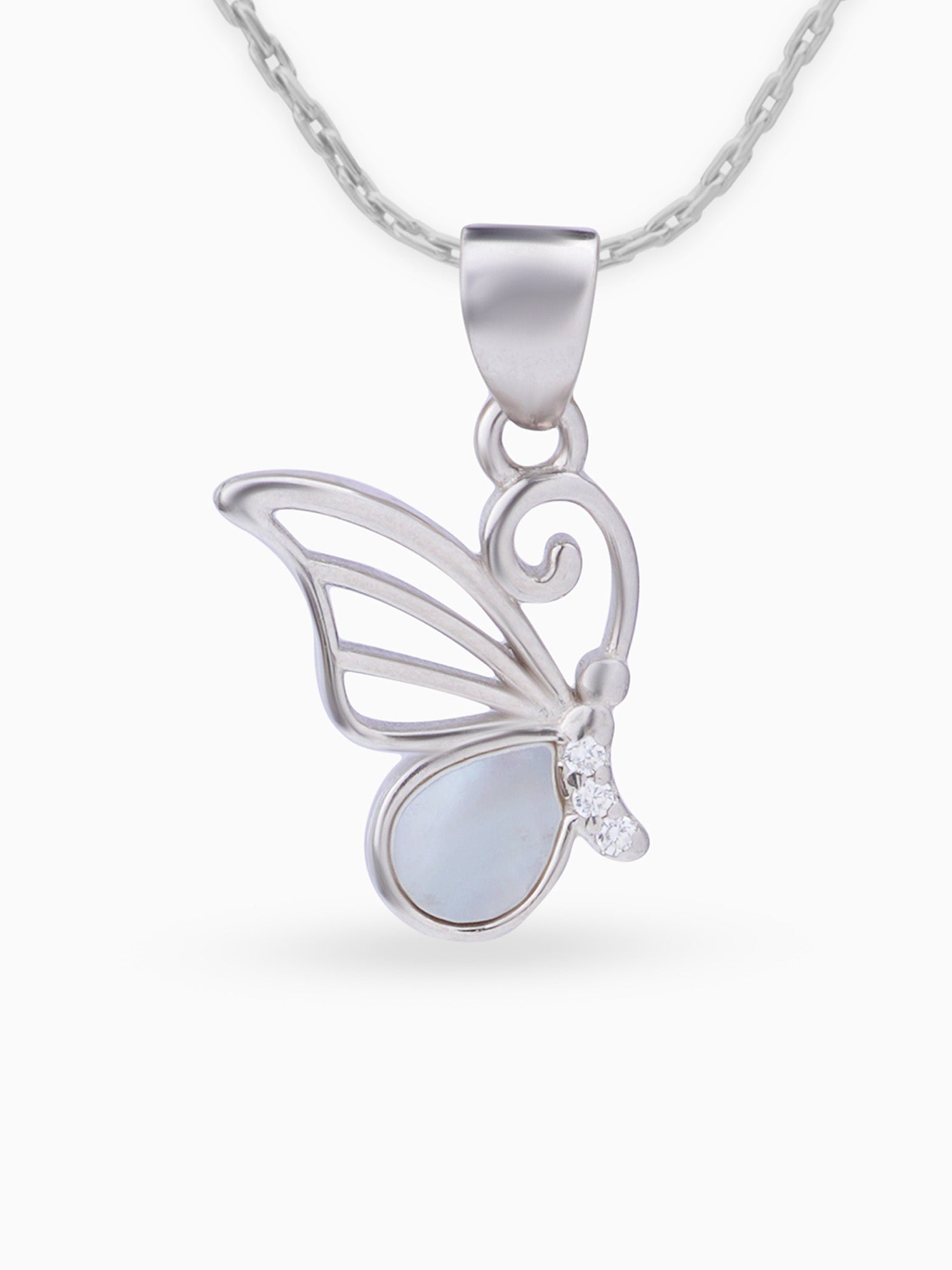 Close up SIJA 925 silver jewellery white pink radiant wing butterfly pendant handcrafted premium design versatile accessory for everyday wear and special occasions