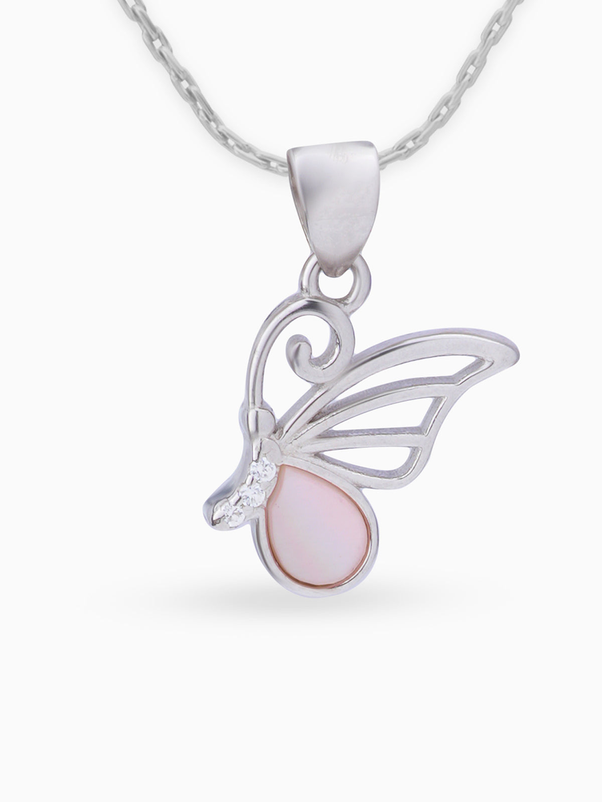Close up SIJA 925 silver jewellery white pink radiant wing butterfly pendant handcrafted premium design versatile accessory for everyday wear and special occasions