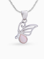 Close up SIJA 925 silver jewellery white pink radiant wing butterfly pendant handcrafted premium design versatile accessory for everyday wear and special occasions